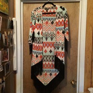 Aztec/western print open front sweater kimono style fringed